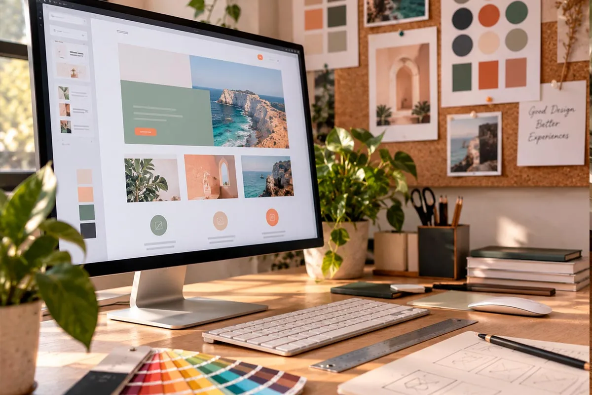Estudio de diseño con monitor mostrando maqueta de página web a color, guía de estilo y muestras de color, servicio de diseño web en Jerez de la Frontera