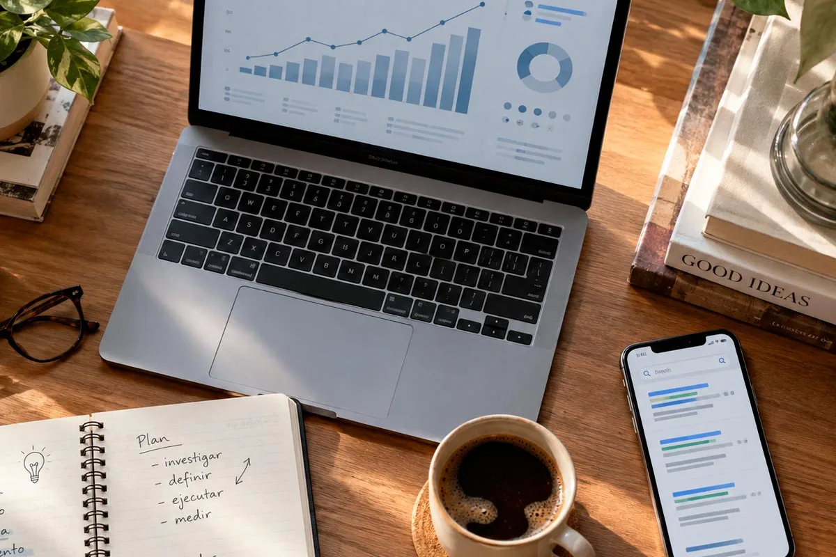 Escritorio de trabajo con gráfico de crecimiento SEO, cuaderno de palabras clave y resultados de búsqueda, servicio de posicionamiento SEO en Jerez de la Frontera