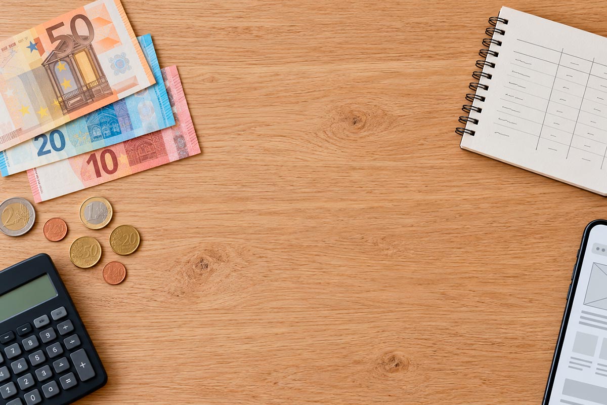 Billetes, calculadora y cuaderno sobre una mesa mientras se calcula el coste de una página web