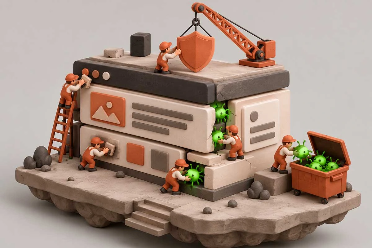 Ilustración 3D isométrica de una web formada por bloques en la que un equipo en miniatura retira el código malicioso y coloca un escudo