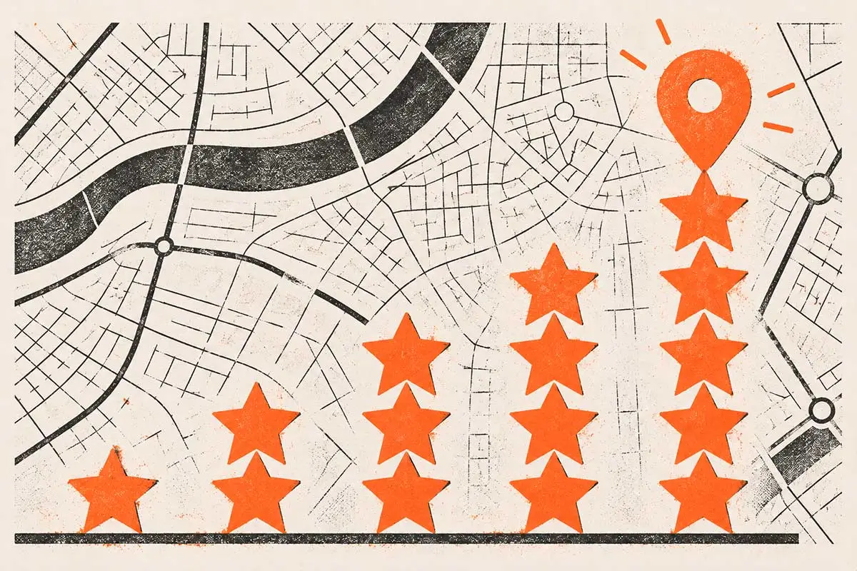 Cartel gráfico con estrellas apiladas que ascienden hasta un marcador de ubicación sobre la cuadrícula de un mapa