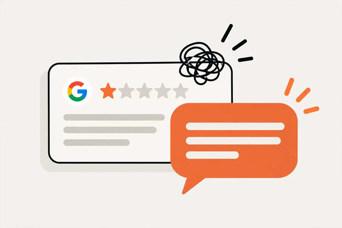 Propietario de un negocio escribiendo en el portátil la respuesta a una reseña negativa de Google